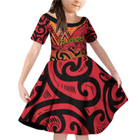 New Zealand Rangatira Custom Family Matching Off Shoulder Short Dress and Hawaiian Shirt Red and Gold Niho Taniwha Maori Tribal