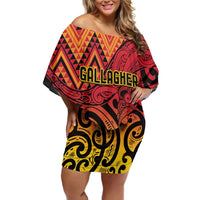 New Zealand Rangatira Custom Family Matching Off Shoulder Short Dress and Hawaiian Shirt Red and Gold Niho Taniwha Maori Tribal