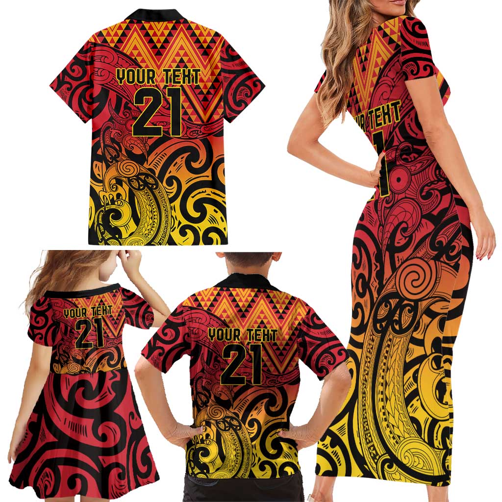 New Zealand Rangatira Custom Family Matching Short Sleeve Bodycon Dress and Hawaiian Shirt Red and Gold Niho Taniwha Maori Tribal