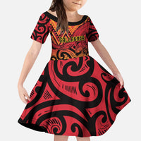 New Zealand Rangatira Custom Kid Short Sleeve Dress Red and Gold Niho Taniwha Maori Tribal