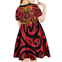 New Zealand Rangatira Custom Kid Short Sleeve Dress Red and Gold Niho Taniwha Maori Tribal