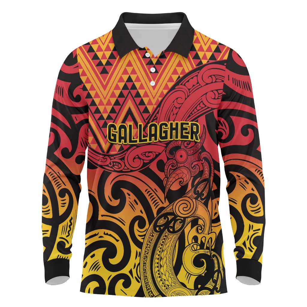 New Zealand Rangatira Custom Long Sleeve Polo Shirt Red and Gold Niho Taniwha Maori Tribal