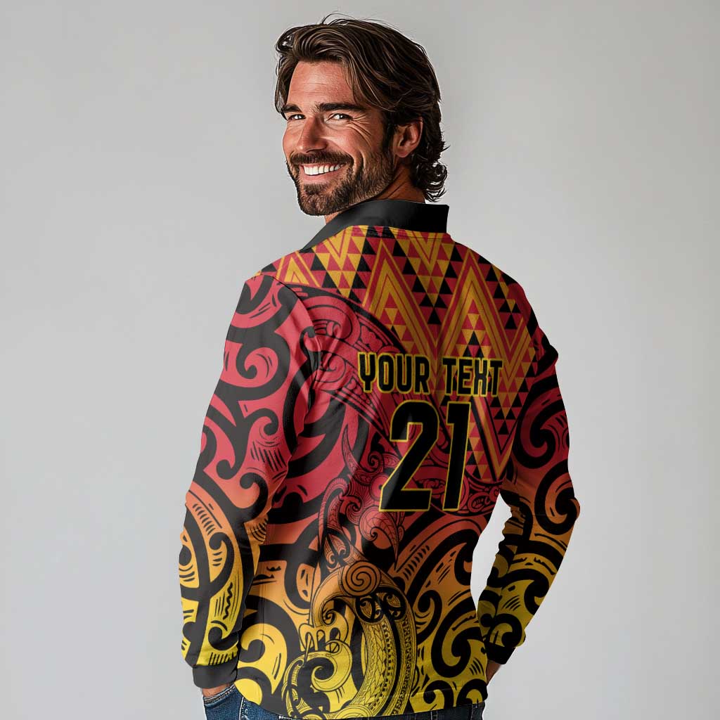 New Zealand Rangatira Custom Long Sleeve Polo Shirt Red and Gold Niho Taniwha Maori Tribal