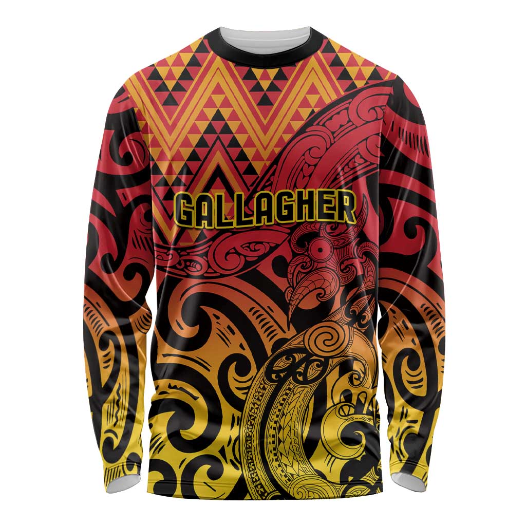 New Zealand Rangatira Custom Long Sleeve Shirt Red and Gold Niho Taniwha Maori Tribal