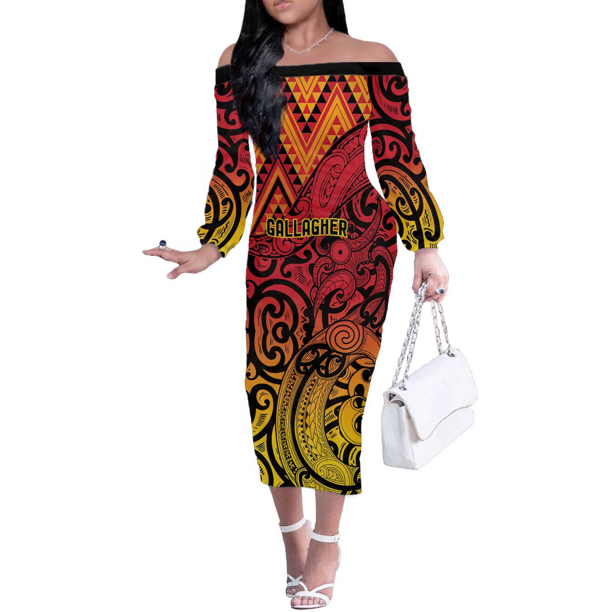 New Zealand Rangatira Custom Off The Shoulder Long Sleeve Dress Red and Gold Niho Taniwha Maori Tribal