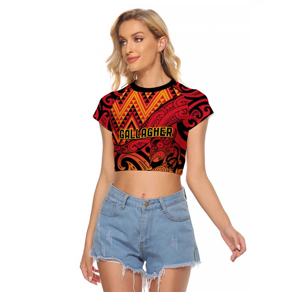New Zealand Rangatira Custom Raglan Cropped T Shirt Red and Gold Niho Taniwha Maori Tribal
