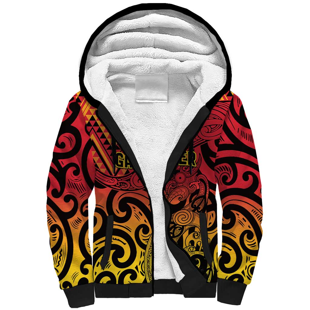 New Zealand Rangatira Custom Sherpa Hoodie Red and Gold Niho Taniwha Maori Tribal