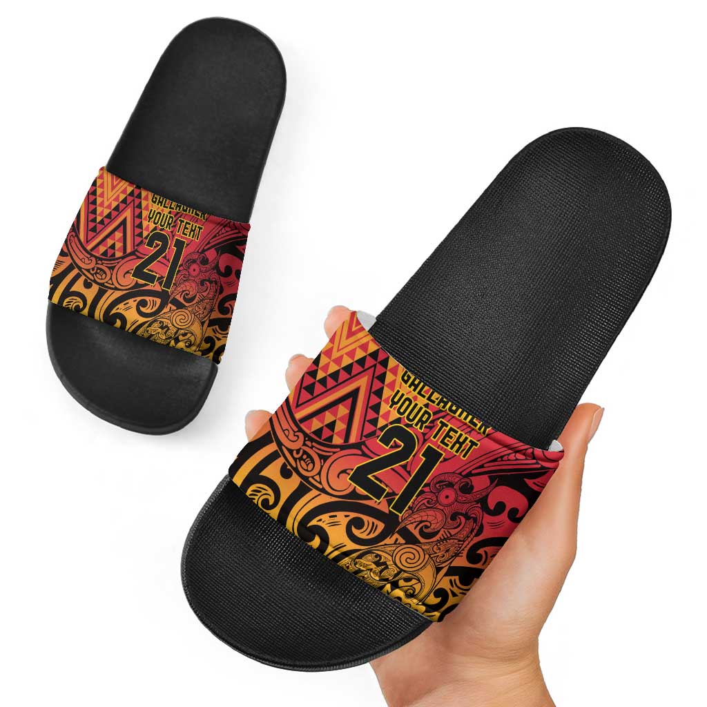 New Zealand Rangatira Custom Slide Sandals Red and Gold Niho Taniwha Maori Tribal - Polynesian Pride