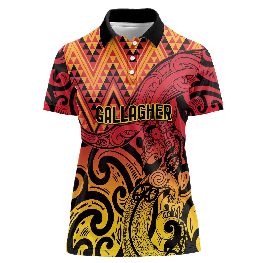 New Zealand Rangatira Custom Women Polo Shirt Red and Gold Niho Taniwha Maori Tribal