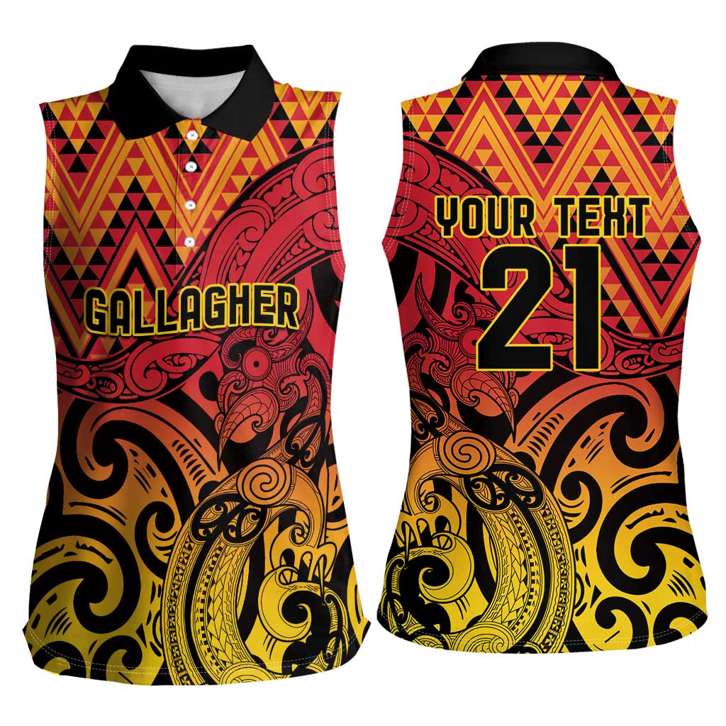 New Zealand Rangatira Custom Women Sleeveless Polo Shirt Red and Gold Niho Taniwha Maori Tribal