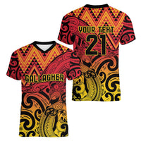 New Zealand Rangatira Custom Women V-Neck T-Shirt Red and Gold Niho Taniwha Maori Tribal