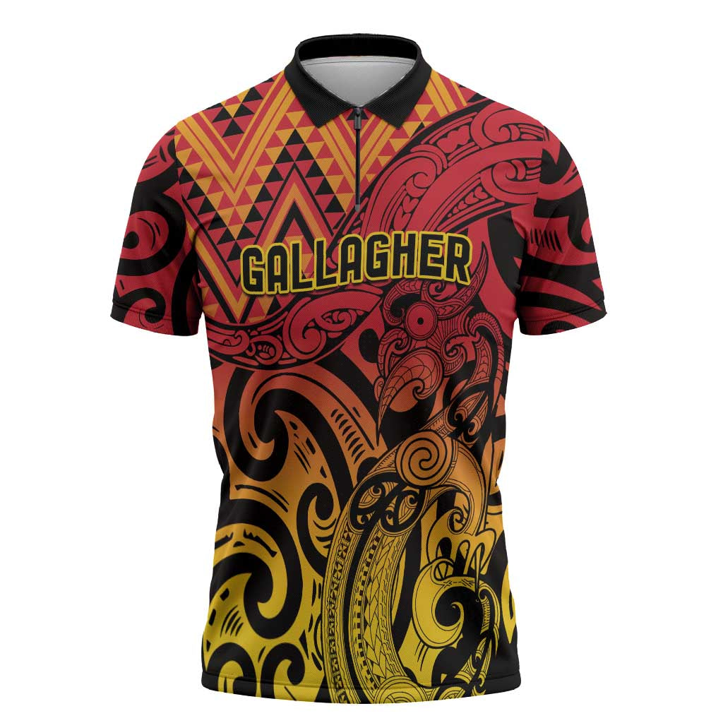 New Zealand Rangatira Custom Zipper Polo Shirt Red and Gold Niho Taniwha Maori Tribal - Polynesian Pride