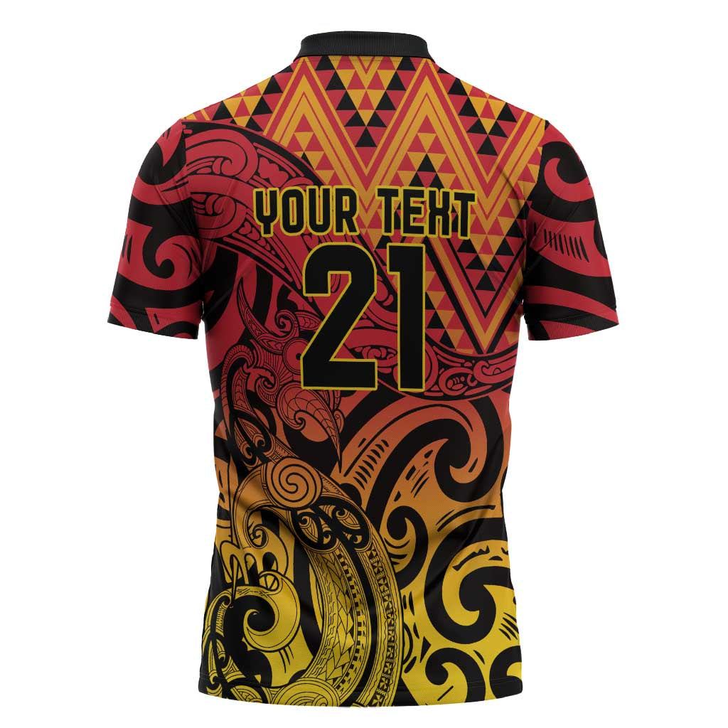 New Zealand Rangatira Custom Zipper Polo Shirt Red and Gold Niho Taniwha Maori Tribal - Polynesian Pride