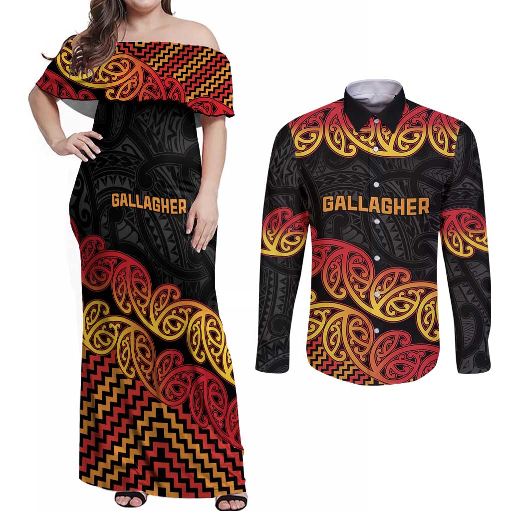 New Zealand Rugby Pacific Custom Couples Matching Off Shoulder Maxi Dress and Long Sleeve Button Shirt Rangatira Maori Kowhaiwhai Pattern