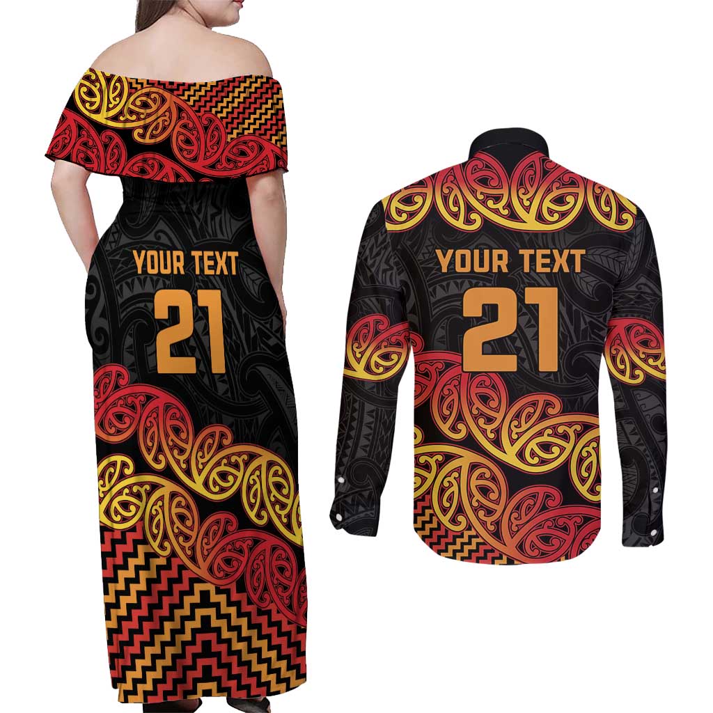 New Zealand Rugby Pacific Custom Couples Matching Off Shoulder Maxi Dress and Long Sleeve Button Shirt Rangatira Maori Kowhaiwhai Pattern