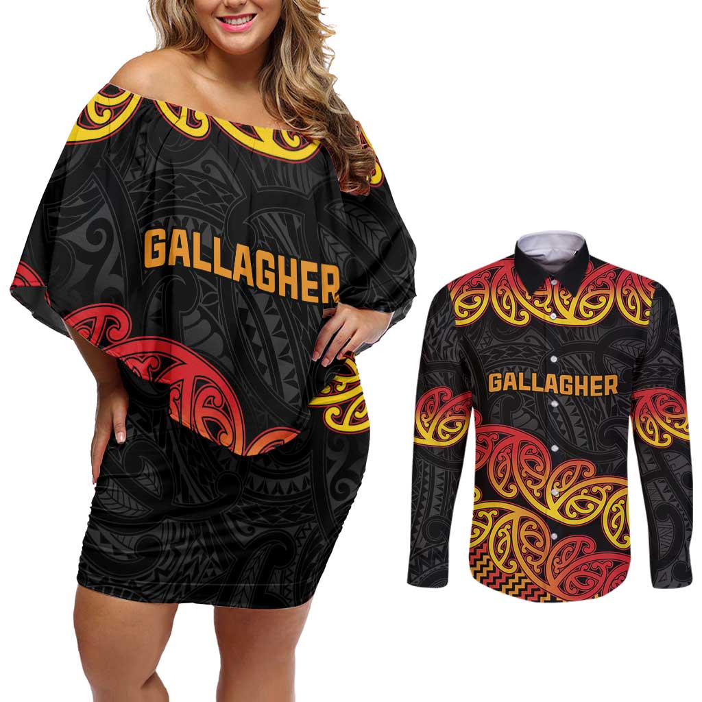 New Zealand Rugby Pacific Custom Couples Matching Off Shoulder Short Dress and Long Sleeve Button Shirt Rangatira Maori Kowhaiwhai Pattern