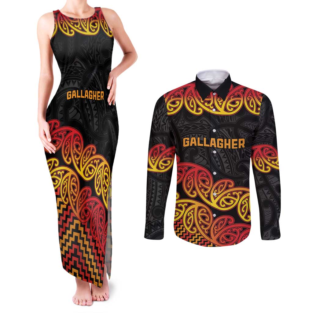 New Zealand Rugby Pacific Custom Couples Matching Tank Maxi Dress and Long Sleeve Button Shirt Rangatira Maori Kowhaiwhai Pattern