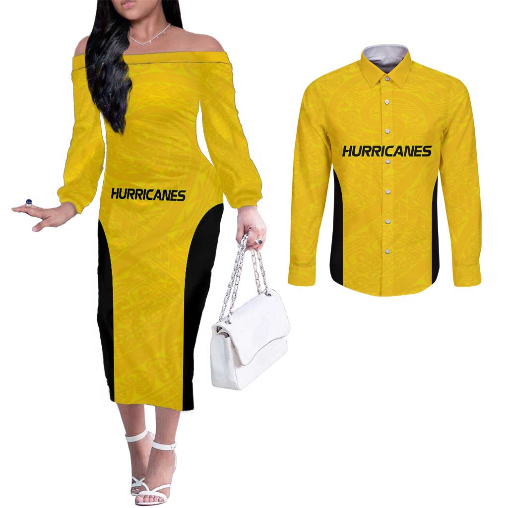 New Zealand Rugby Pacific Custom Couples Matching Off The Shoulder Long Sleeve Dress and Long Sleeve Button Shirt Hau Awhiowhio Maori Tribal Tattoo