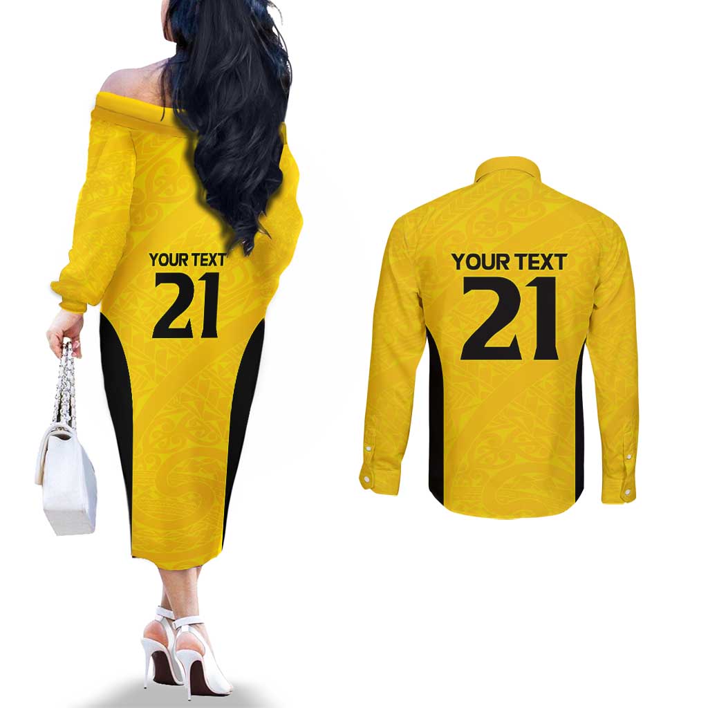 New Zealand Rugby Pacific Custom Couples Matching Off The Shoulder Long Sleeve Dress and Long Sleeve Button Shirt Hau Awhiowhio Maori Tribal Tattoo