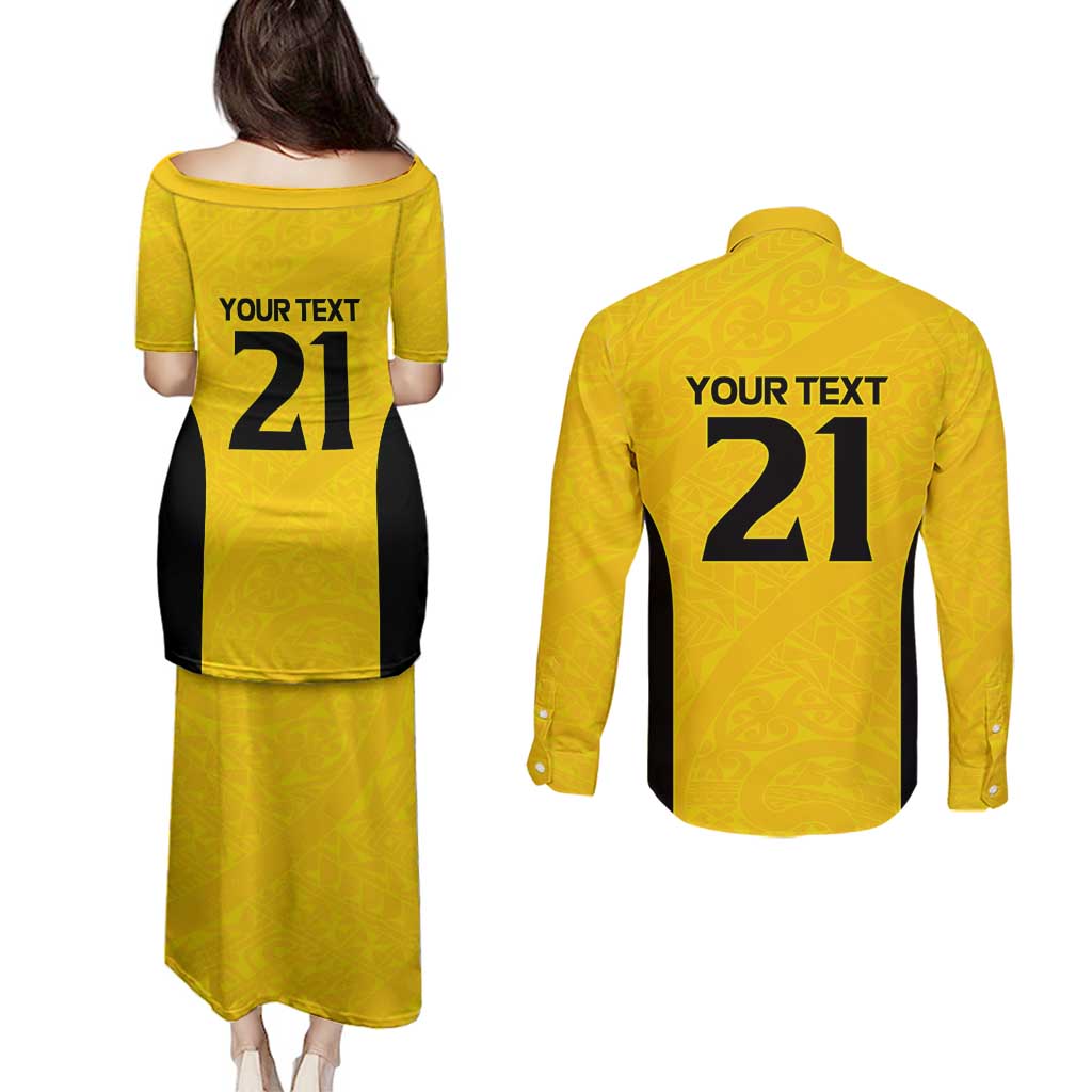 New Zealand Rugby Pacific Custom Couples Matching Puletasi and Long Sleeve Button Shirt Hau Awhiowhio Maori Tribal Tattoo