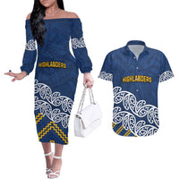 New Zealand Rugby Pacific Custom Couples Matching Off The Shoulder Long Sleeve Dress and Hawaiian Shirt Kahupeka Maori Kowhaiwhai Pattern