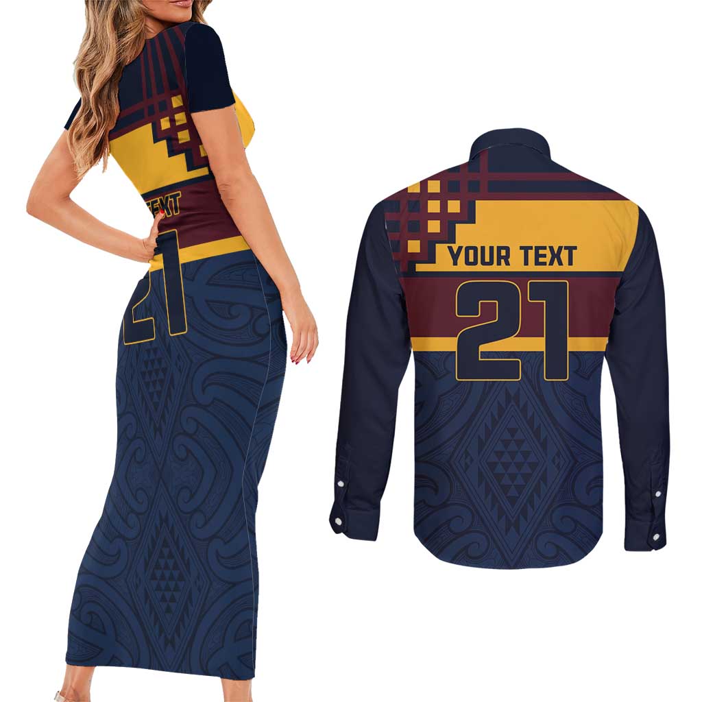 New Zealand Rugby Pacific Custom Couples Matching Short Sleeve Bodycon Dress and Long Sleeve Button Shirt Kahupeka Retro 2025 Taniko Motif