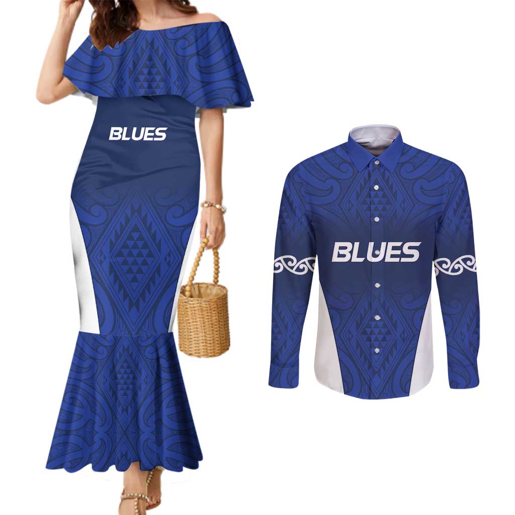 New Zealand Rugby Pacific Custom Couples Matching Mermaid Dress and Long Sleeve Button Shirt Kahurangi Auckland All Blue