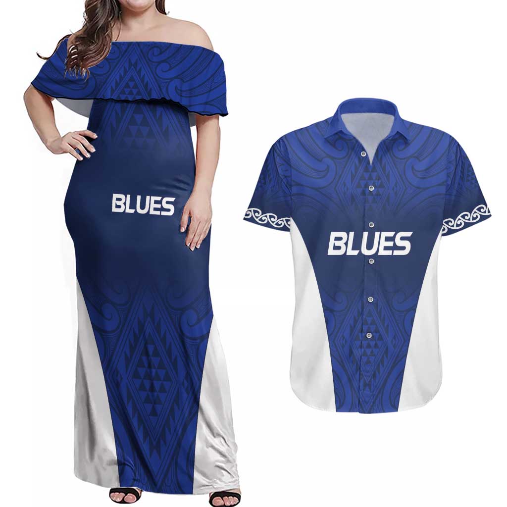 New Zealand Rugby Pacific Custom Couples Matching Off Shoulder Maxi Dress and Hawaiian Shirt Kahurangi Auckland All Blue