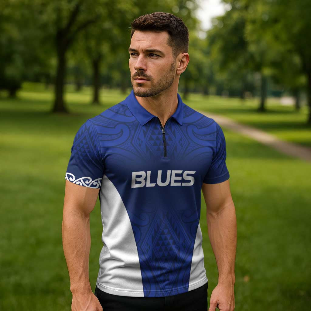 New Zealand Rugby Pacific Custom Zipper Polo Shirt Kahurangi Auckland All Blue - Polynesian Pride