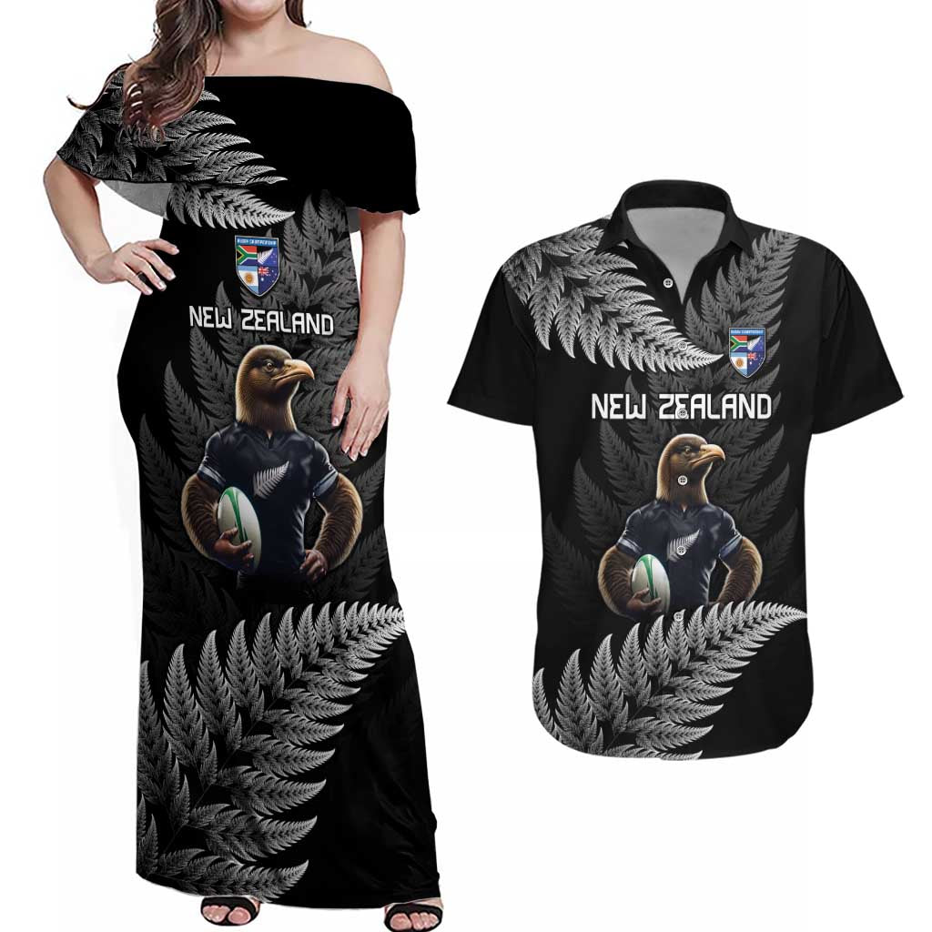 New Zealand Rugby Custom Couples Matching Off Shoulder Maxi Dress and Hawaiian Shirt Glory Be To Black Silver-fern - Polynesian Pride