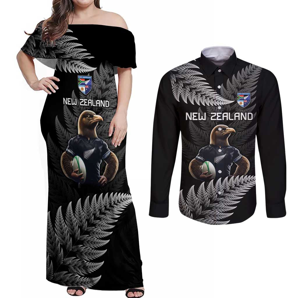 New Zealand Rugby Custom Couples Matching Off Shoulder Maxi Dress and Long Sleeve Button Shirt Glory Be To Black Silver-fern - Polynesian Pride
