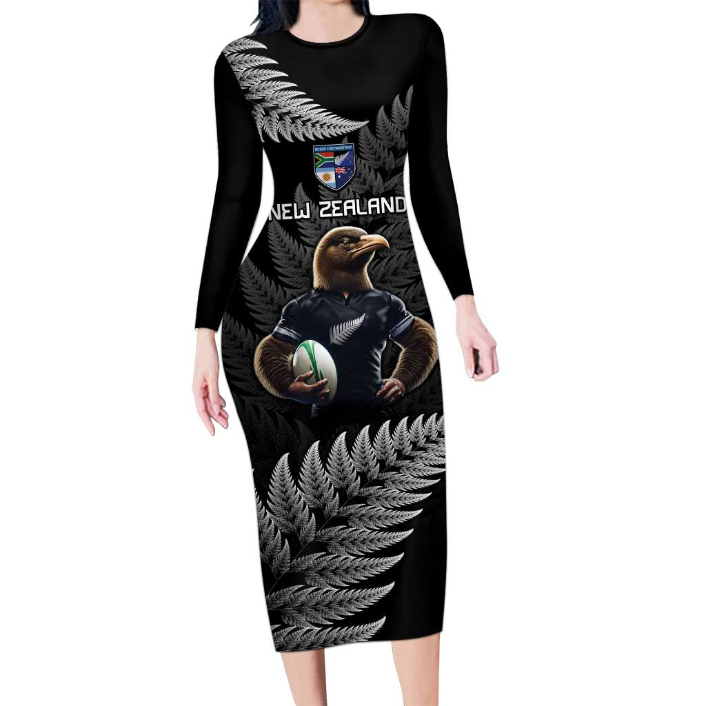 New Zealand Rugby Custom Family Matching Long Sleeve Bodycon Dress and Hawaiian Shirt Glory Be To Black Silver-fern - Polynesian Pride