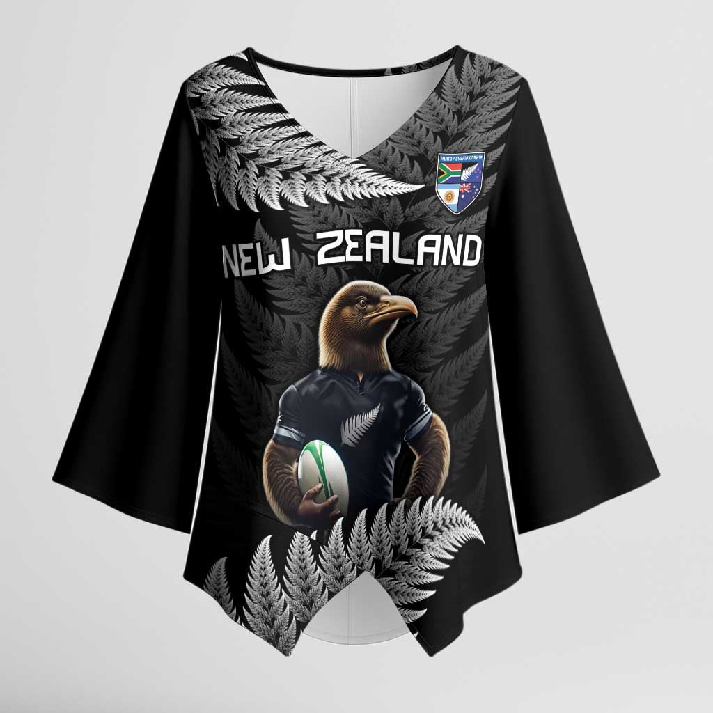 New Zealand Rugby Custom Kimono Sleeve Blouse Glory Be To Black Silver-fern - Polynesian Pride