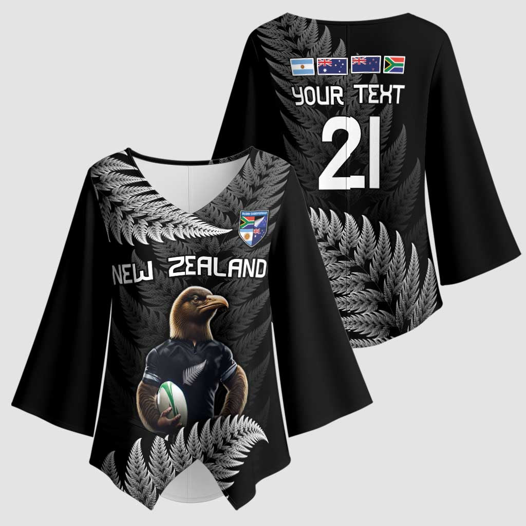 New Zealand Rugby Custom Kimono Sleeve Blouse Glory Be To Black Silver-fern - Polynesian Pride