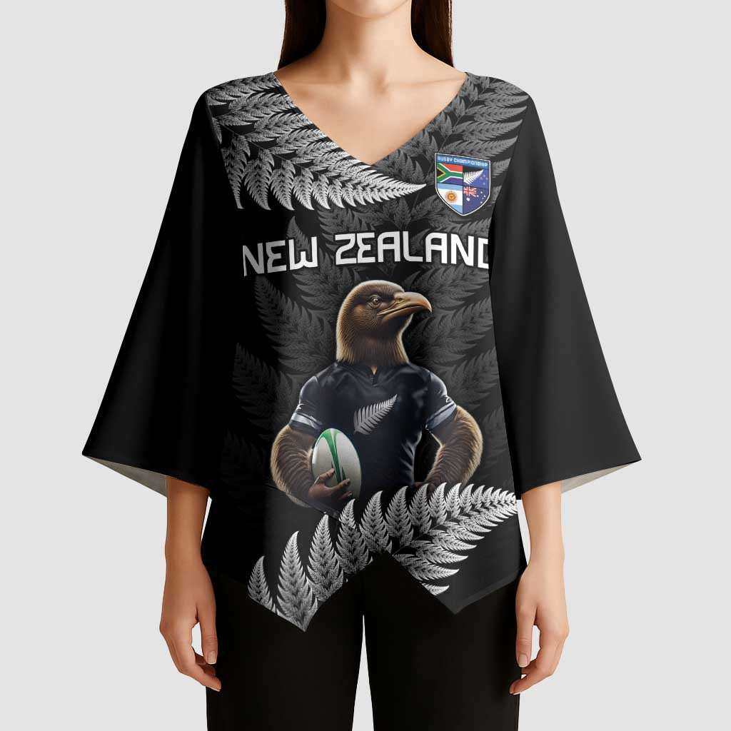 New Zealand Rugby Custom Kimono Sleeve Blouse Glory Be To Black Silver-fern - Polynesian Pride