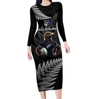 New Zealand Rugby Custom Long Sleeve Bodycon Dress Glory Be To Black Silver-fern - Polynesian Pride