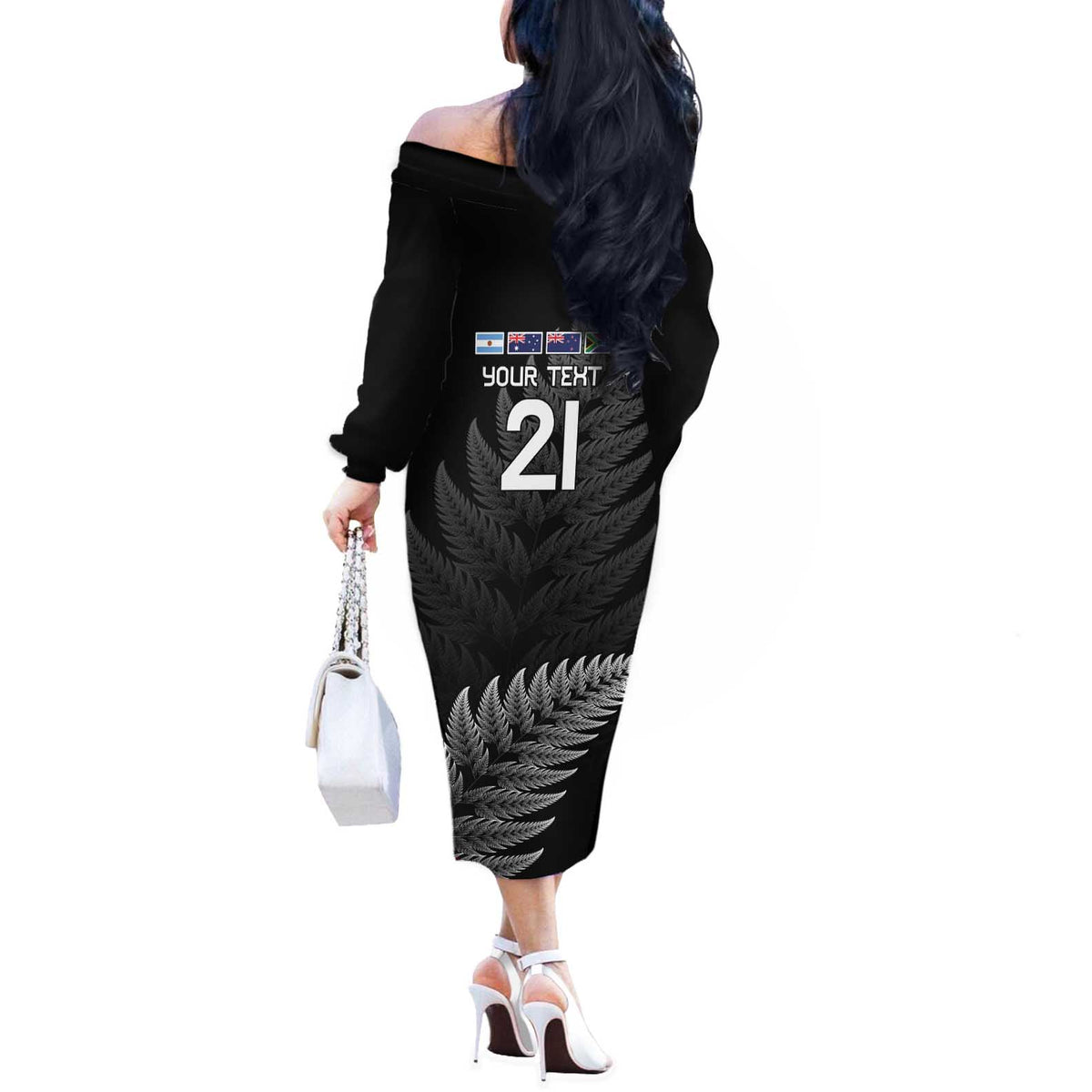New Zealand Rugby Custom Off The Shoulder Long Sleeve Dress Glory Be To Black Silver-fern - Polynesian Pride