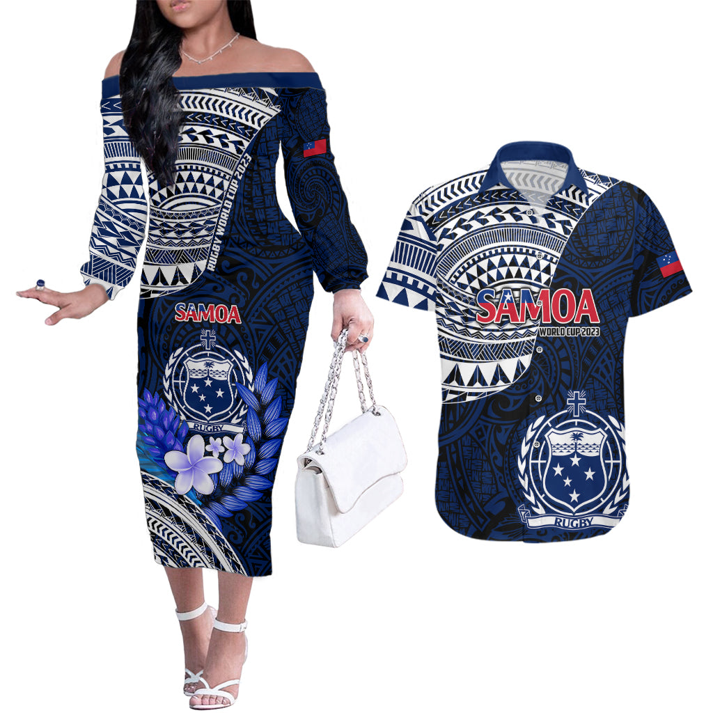 Samoa Rugby Couples Matching Off The Shoulder Long Sleeve Dress and Hawaiian Shirt Proud Samoa World Cup 2023 LT9 Blue - Polynesian Pride