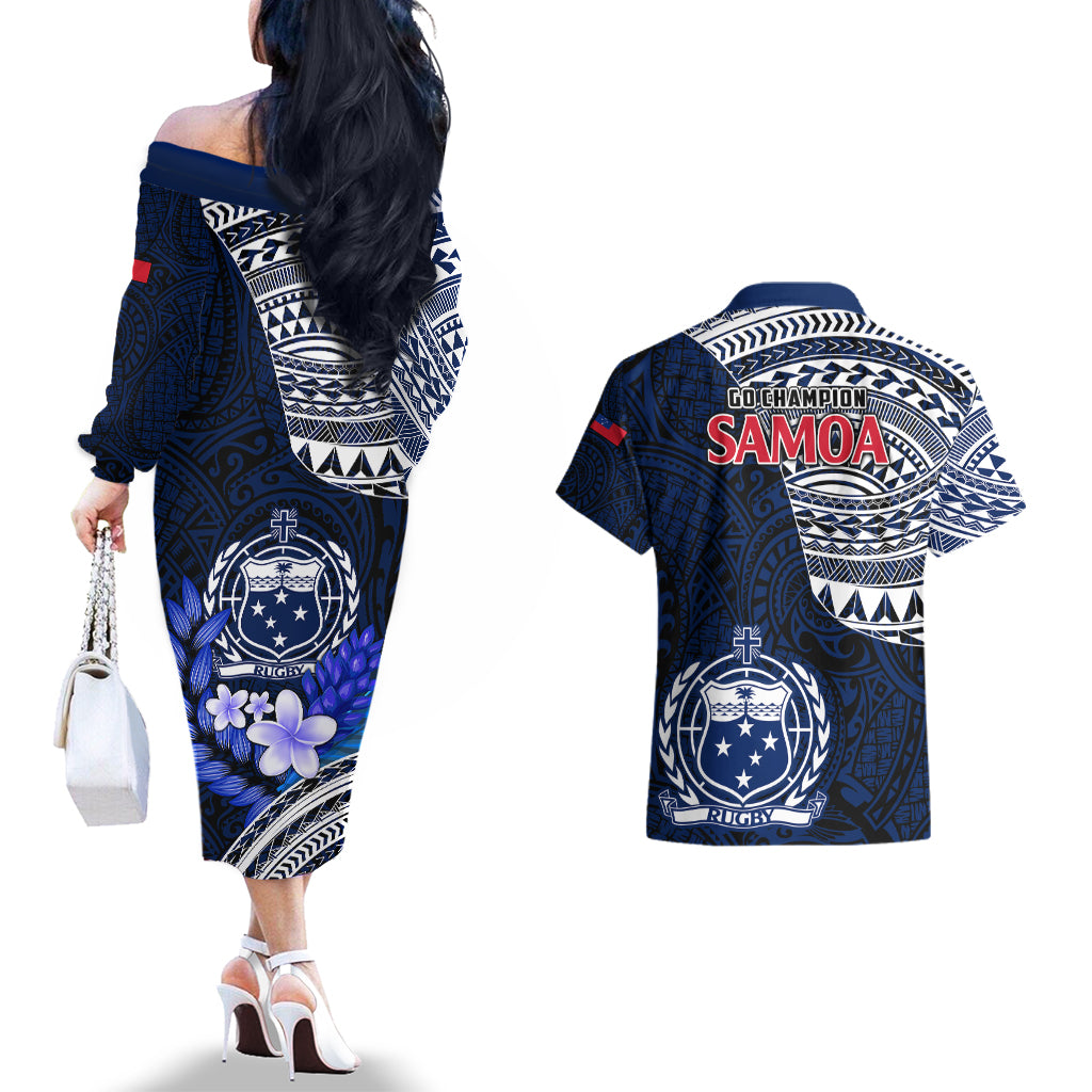 Samoa Rugby Couples Matching Off The Shoulder Long Sleeve Dress and Hawaiian Shirt Proud Samoa World Cup 2023 LT9 - Polynesian Pride