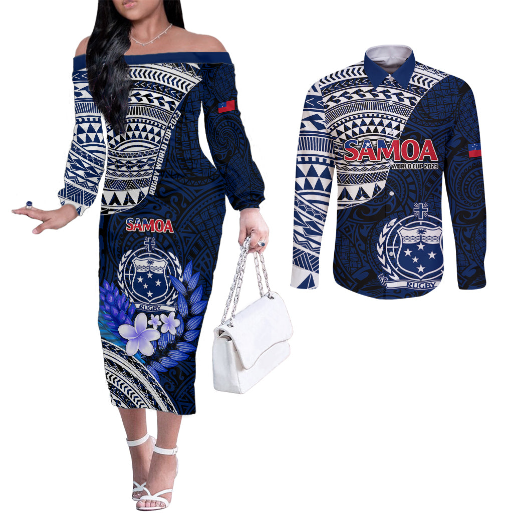 Samoa Rugby Couples Matching Off The Shoulder Long Sleeve Dress and Long Sleeve Button Shirts Proud Samoa World Cup 2023 LT9 Blue - Polynesian Pride