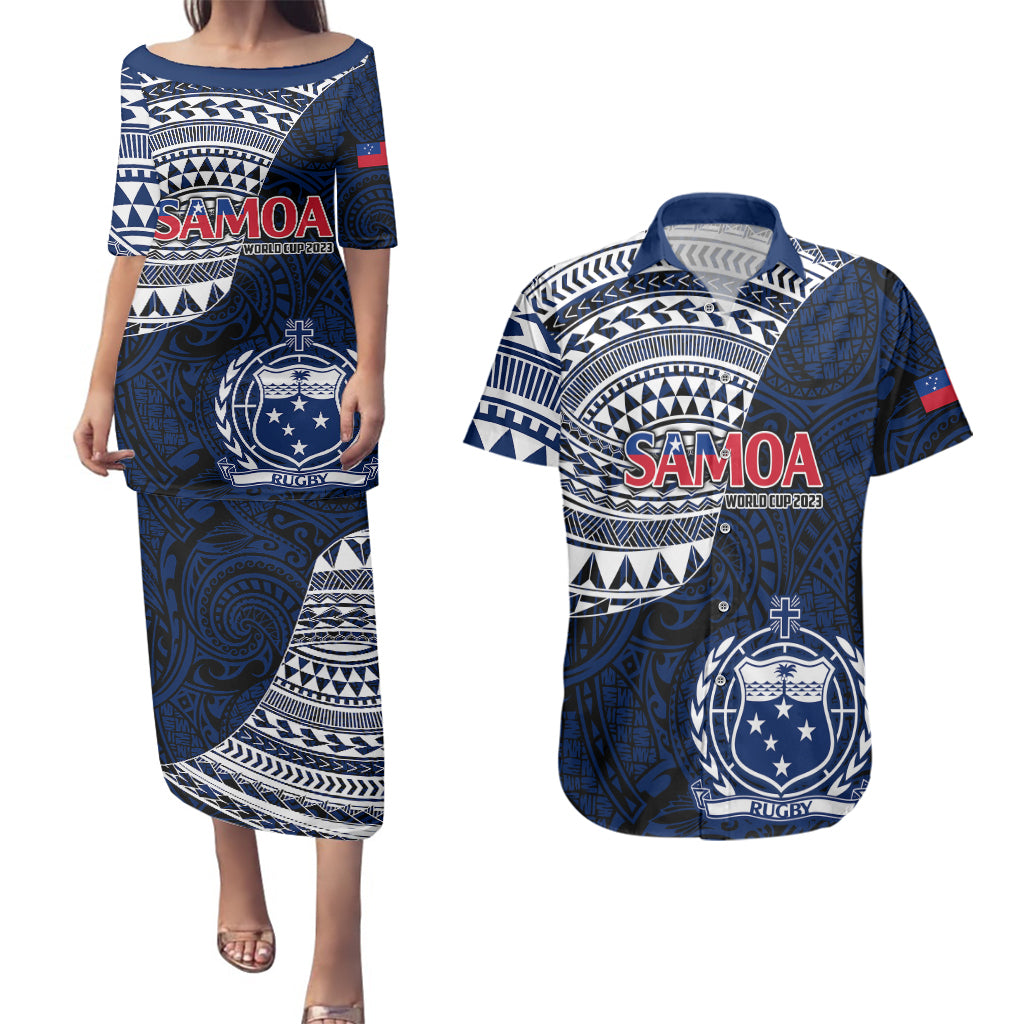 Samoa Rugby Couples Matching Puletasi Dress and Hawaiian Shirt Proud Samoa World Cup 2023 LT9 Blue - Polynesian Pride