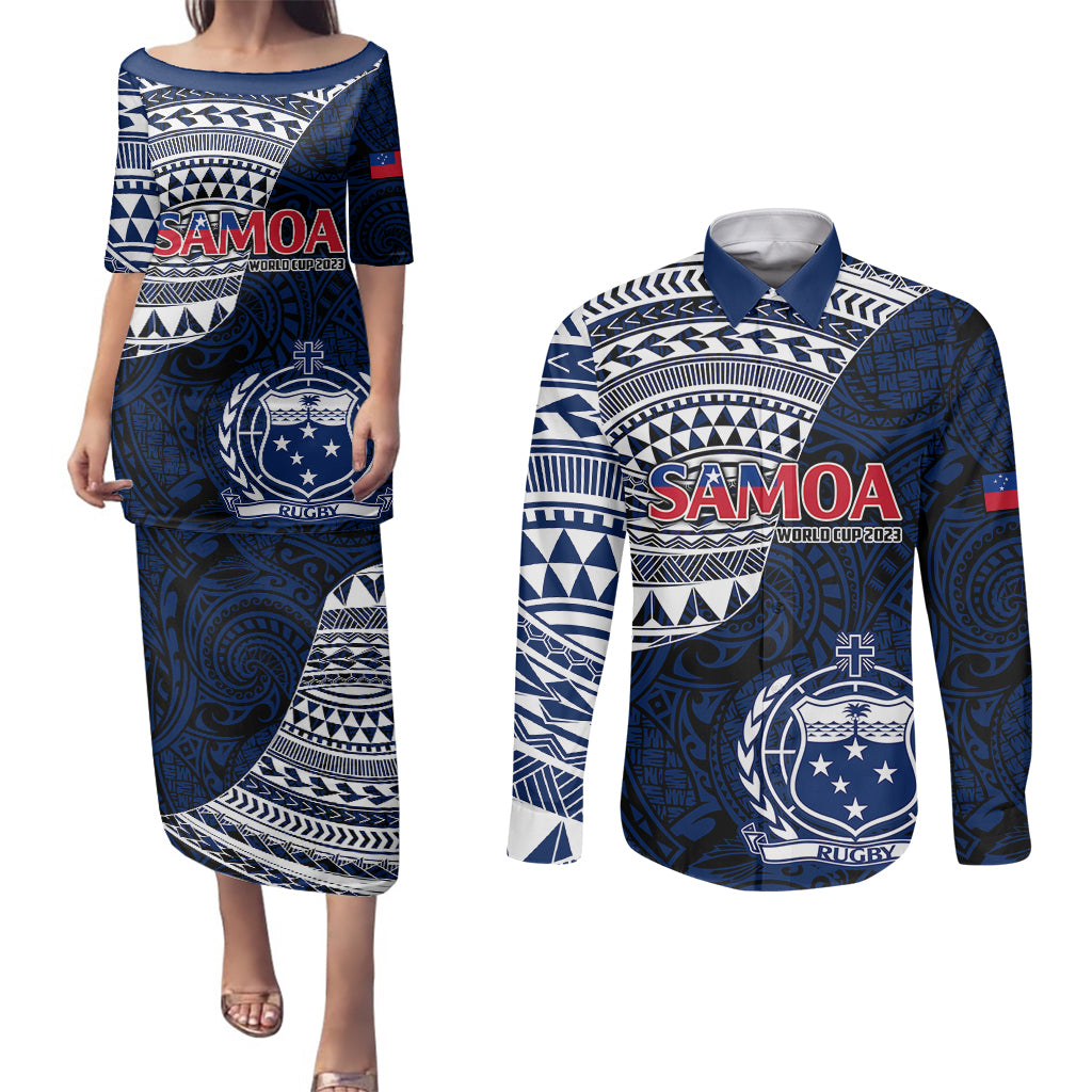 Samoa Rugby Couples Matching Puletasi Dress and Long Sleeve Button Shirts Proud Samoa World Cup 2023 LT9 Blue - Polynesian Pride