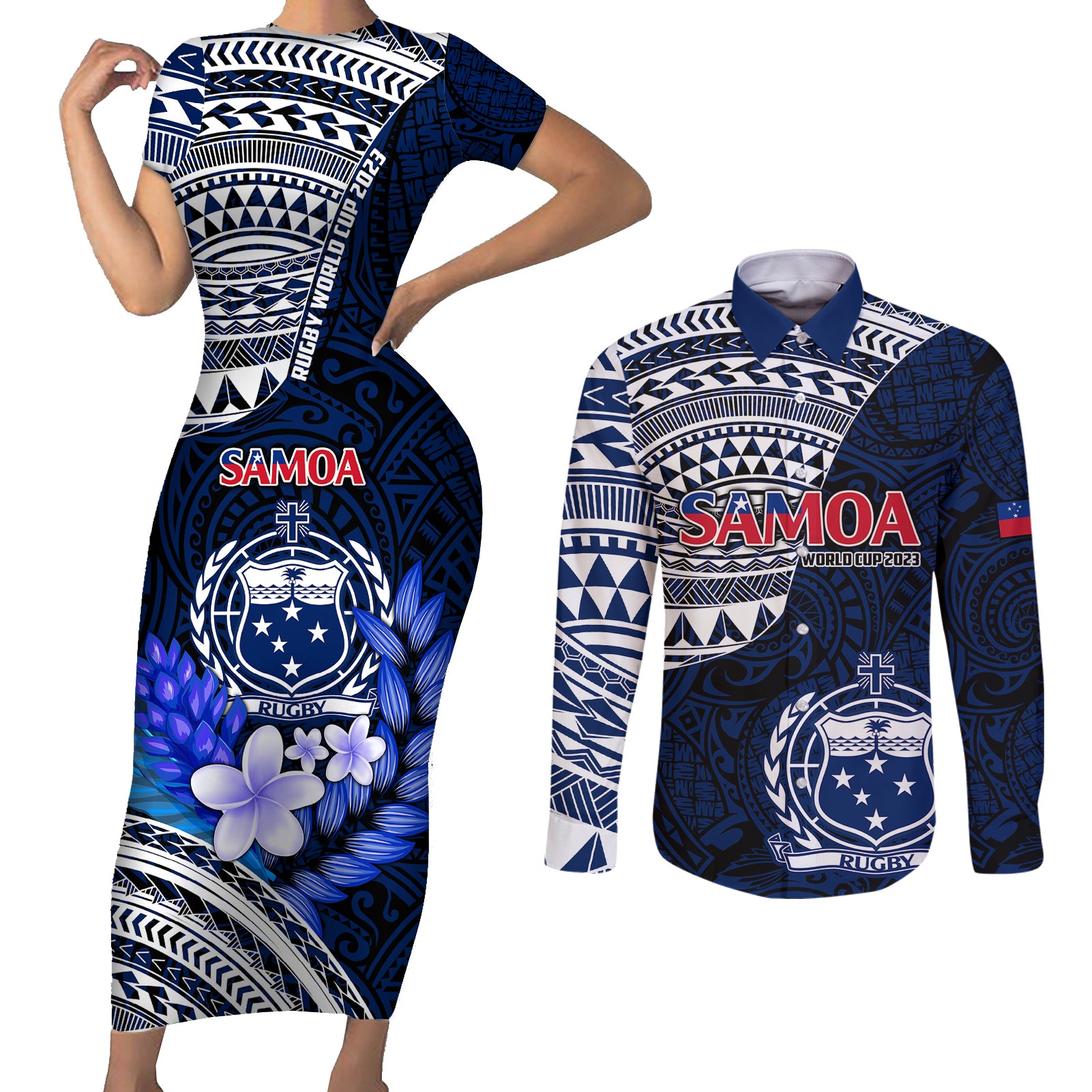 Samoa Rugby Couples Matching Short Sleeve Bodycon Dress and Long Sleeve Button Shirts Proud Samoa World Cup 2023 LT9 Blue - Polynesian Pride