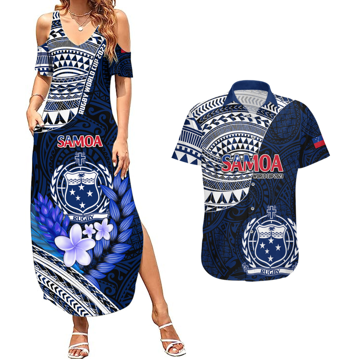 Samoa Rugby Couples Matching Summer Maxi Dress and Hawaiian Shirt Proud Samoa World Cup 2023 LT9 Blue - Polynesian Pride