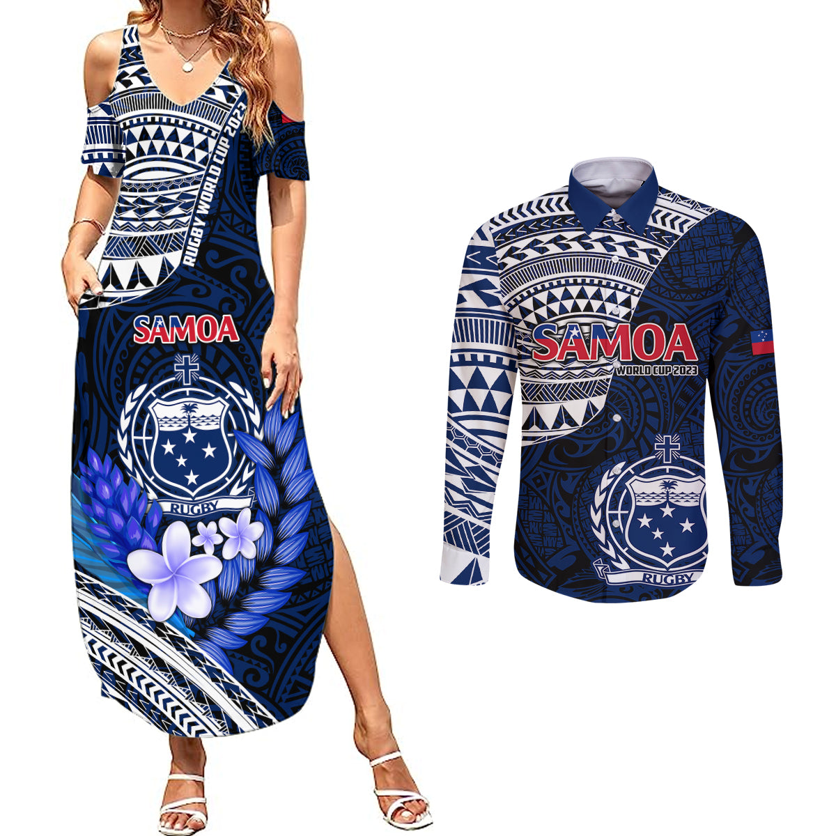 Samoa Rugby Couples Matching Summer Maxi Dress and Long Sleeve Button Shirts Proud Samoa World Cup 2023 LT9 Blue - Polynesian Pride