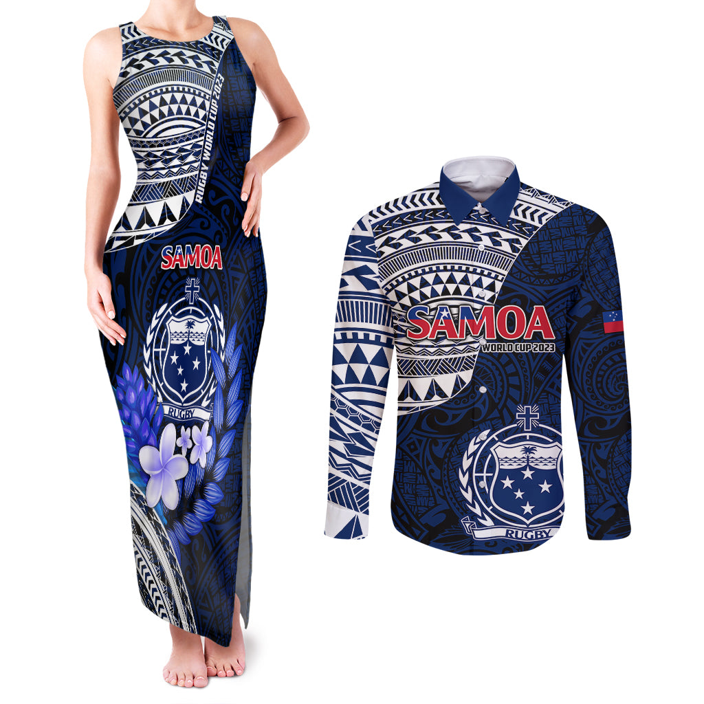 Samoa Rugby Couples Matching Tank Maxi Dress and Long Sleeve Button Shirts Proud Samoa World Cup 2023 LT9 Blue - Polynesian Pride