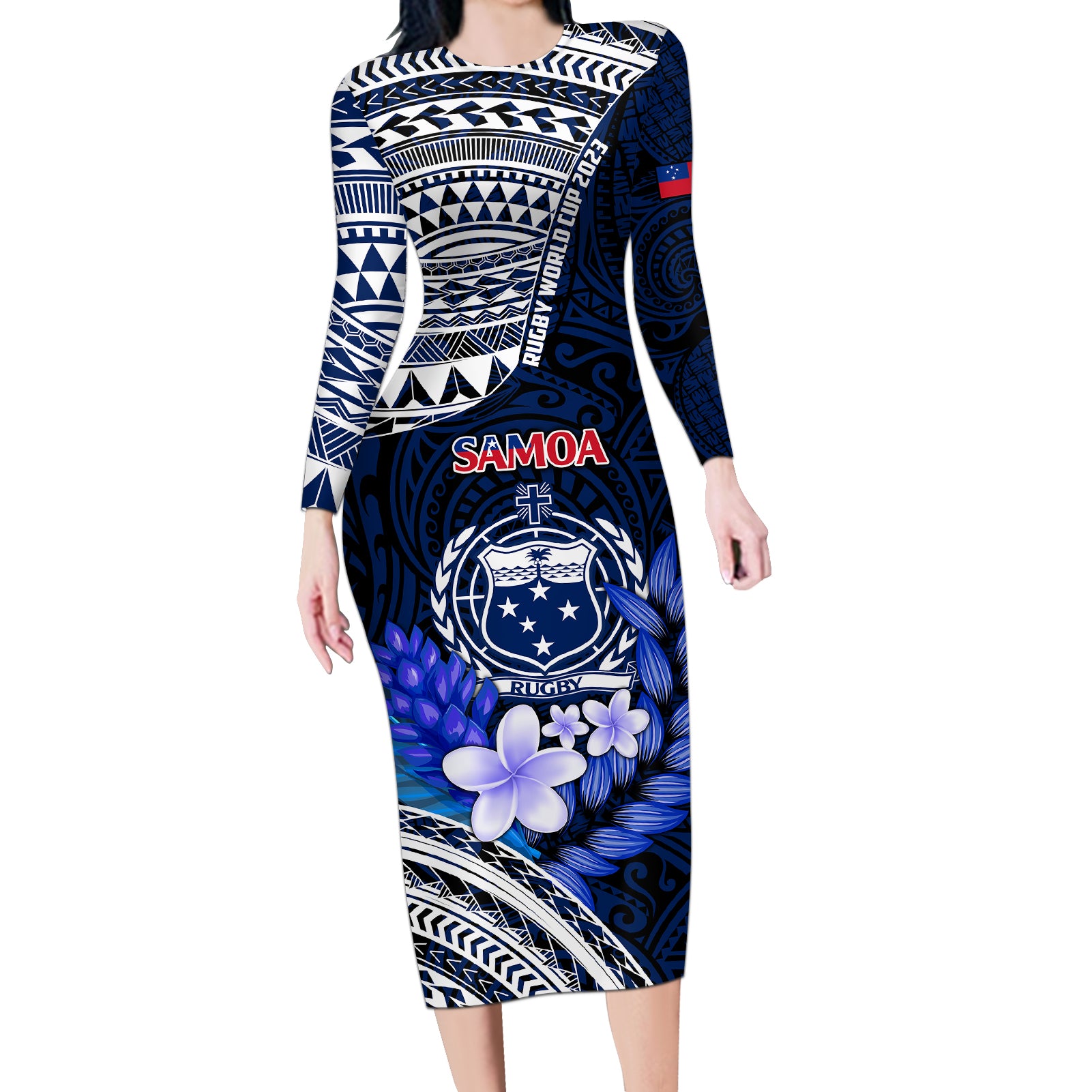 Samoa Rugby Long Sleeve Bodycon Dress Proud Samoa World Cup 2023 LT9 Long Dress Blue - Polynesian Pride