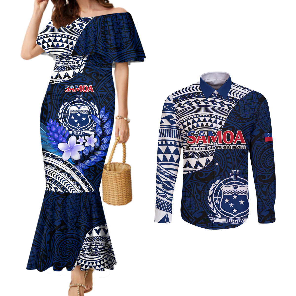 Custom Samoa Rugby Couples Matching Mermaid Dress and Long Sleeve Button Shirts Proud Samoa World Cup 2023 LT9 Blue - Polynesian Pride