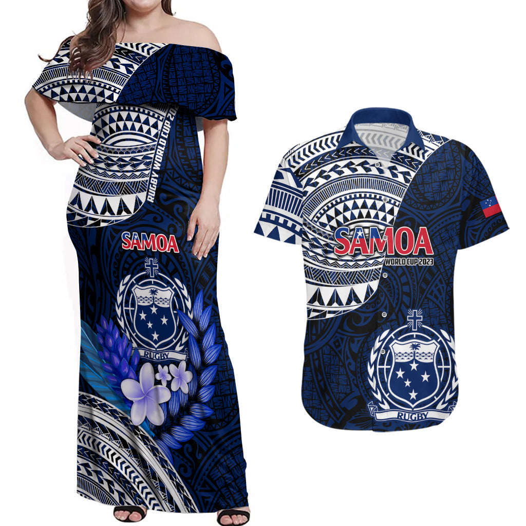 Custom Samoa Rugby Couples Matching Off Shoulder Maxi Dress and Hawaiian Shirt Proud Samoa World Cup 2023 LT9 Blue - Polynesian Pride