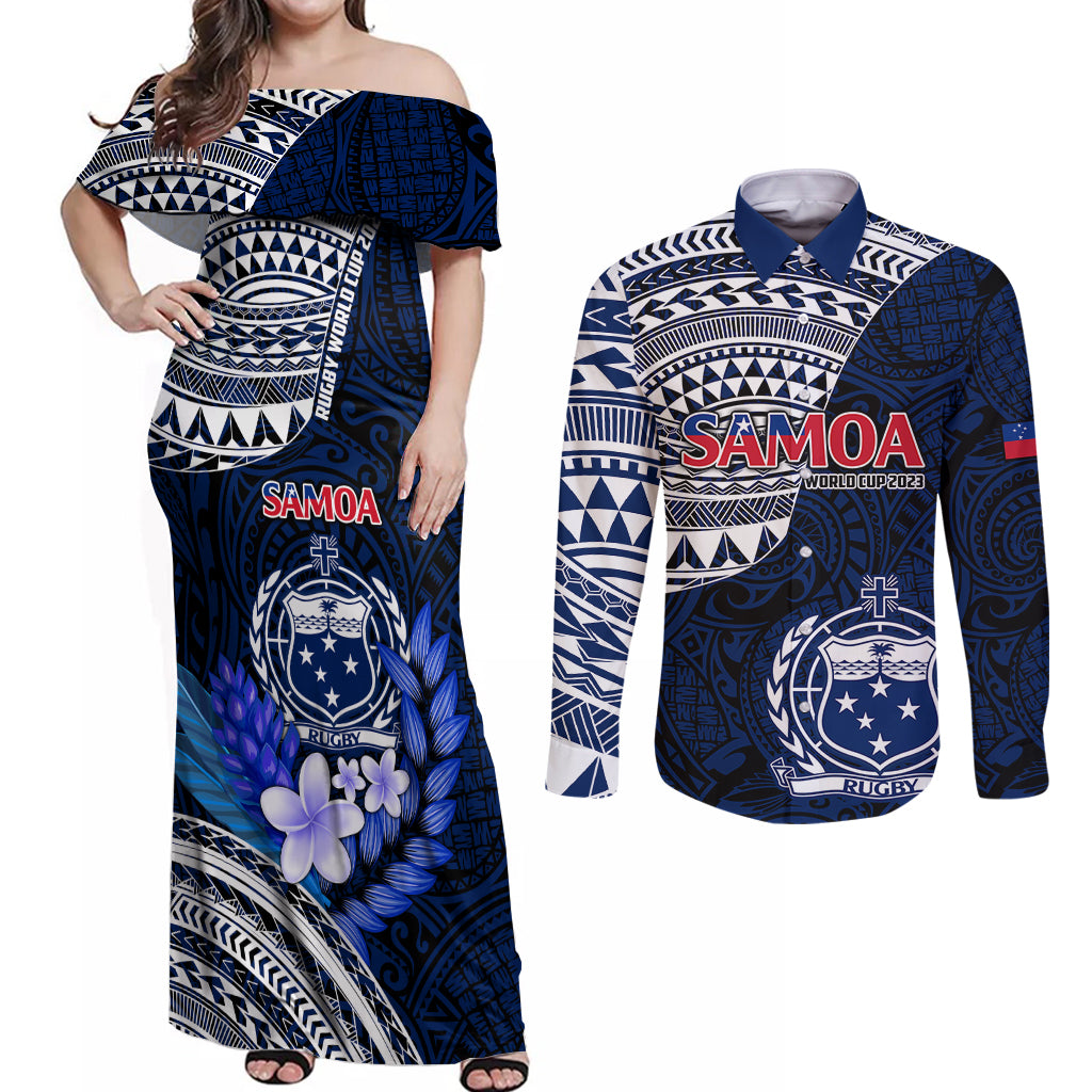 Custom Samoa Rugby Couples Matching Off Shoulder Maxi Dress and Long Sleeve Button Shirts Proud Samoa World Cup 2023 LT9 Blue - Polynesian Pride